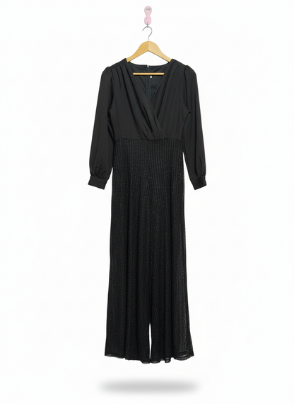 BLACK LONG SLEEVE WRAP METALLIC WIDE LEG JUMPSUIT|S|BUST 17