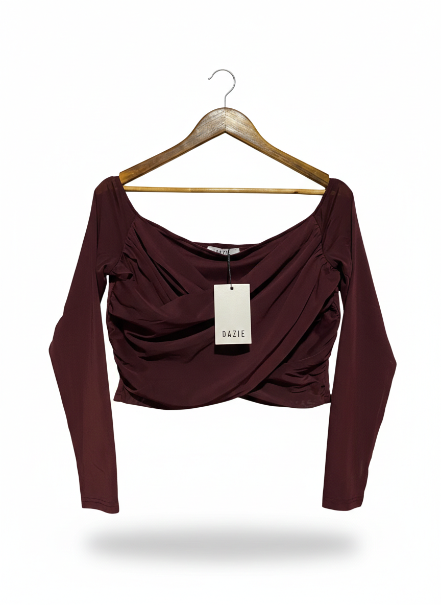 DAZIE |M| BUST 17|B17| BURGUNDY LONG SLEEVE WRAP CROP TOP CHIC RIBBED JERSEY PULLOVER