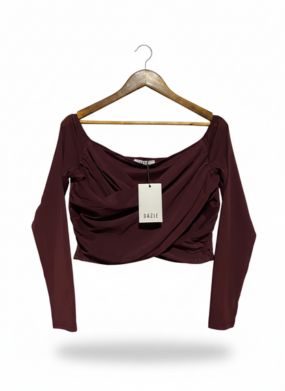 DAZIE |M| BUST 17|B17| BURGUNDY LONG SLEEVE WRAP CROP TOP CHIC RIBBED JERSEY PULLOVER