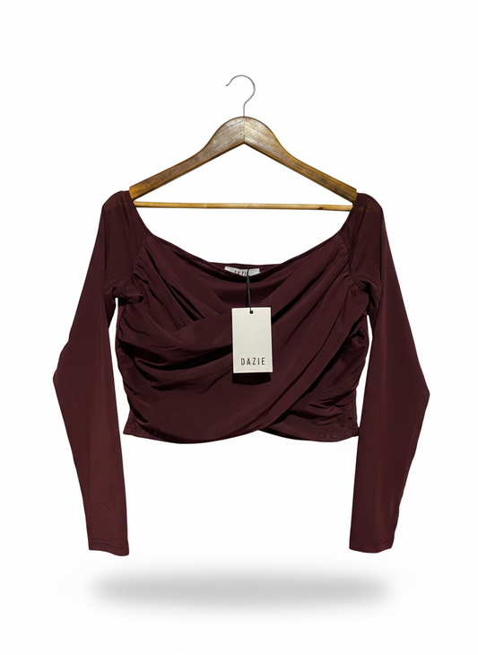 DAZIE |M| BUST 17|B17| BURGUNDY LONG SLEEVE WRAP CROP TOP CHIC RIBBED JERSEY PULLOVER