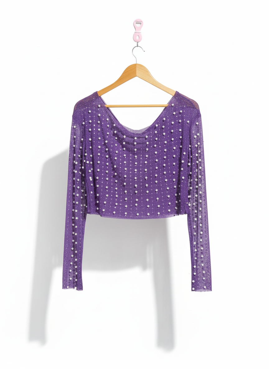 SHEIN|L|BUST 19|PURPLE SHEER MESH PEARL EMBELLISHED CROP TOP
