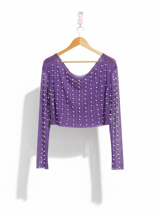 SHEIN|L|BUST 19|PURPLE SHEER MESH PEARL EMBELLISHED CROP TOP