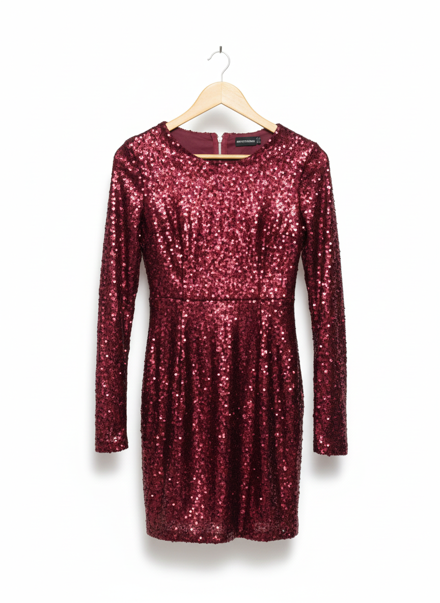 PRETTY LITTLE THINGS|XS|BUST 14|RED LONG SLEEVE SEQUIN MINI DRESS