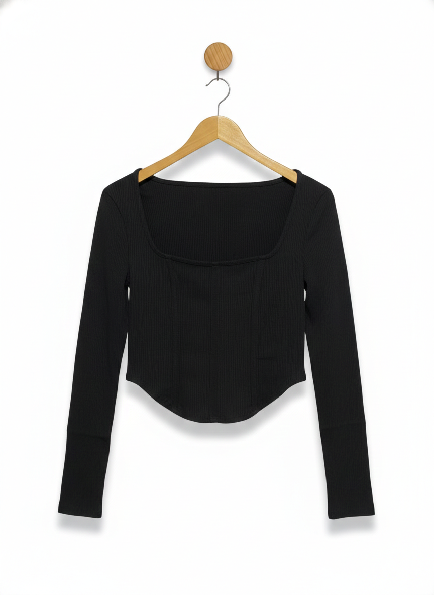 SUPRE |M| BUST 15| Black Long-Sleeve Corset-Style Crop Top