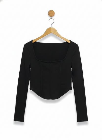 SUPRE |M| BUST 15| Black Long-Sleeve Corset-Style Crop Top