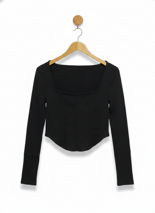 SUPRE |M| BUST 15| Black Long-Sleeve Corset-Style Crop Top