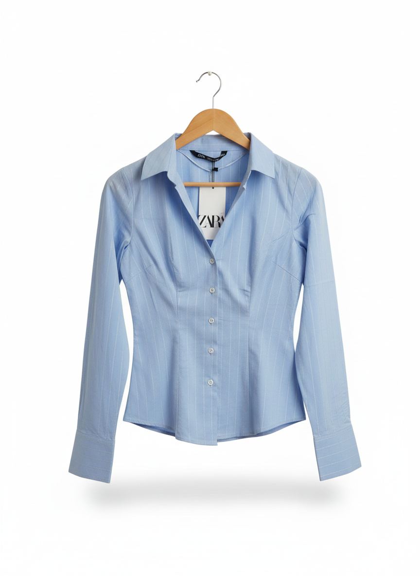 ZARA|S|BUST 16|Women's Long Sleeve Striped Metallic Thread Fitted Shirt