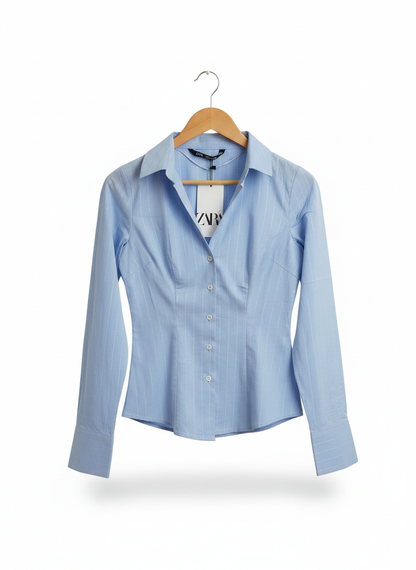 ZARA|S|BUST 16|Women's Long Sleeve Striped Metallic Thread Fitted Shirt