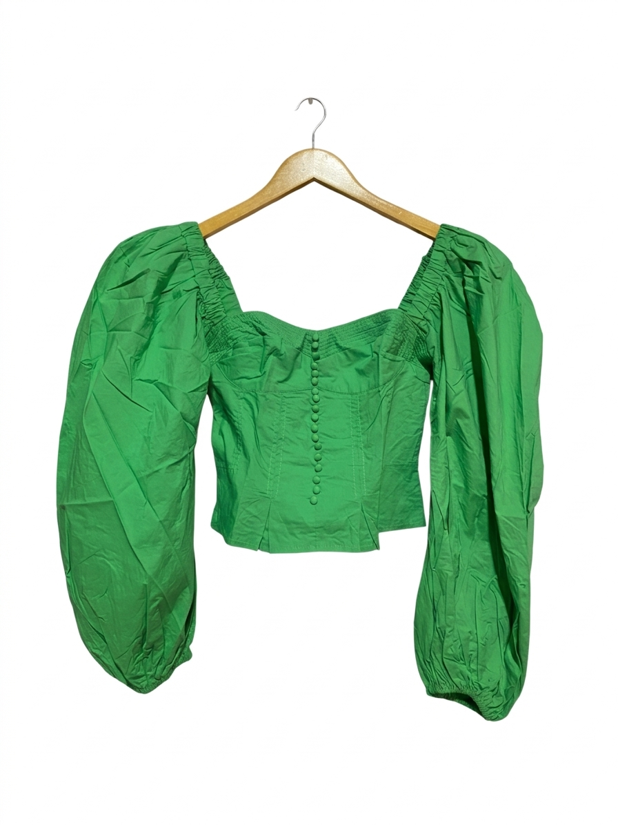 KAREN MILLEN |S| BUST 14| B8| BRIGHT GREEN PUFF SLEEVE CORSET STYLE BLOUSE