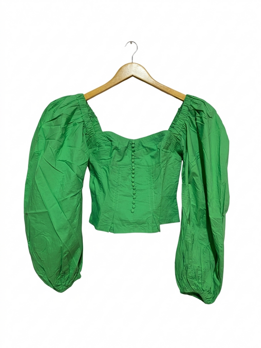 KAREN MILLEN |S| BUST 14| B8| BRIGHT GREEN PUFF SLEEVE CORSET STYLE BLOUSE