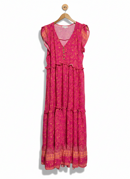 NEW U COLLECTION |M| BUST 18| C3| WOMEN’S MAGENTA FLORAL MAXI DRESS - BOLD PINK BOHO TIERED GOWN - FLUTTER SLEEVE V-NECKLINE - BUTTON-FRONT ACCENT