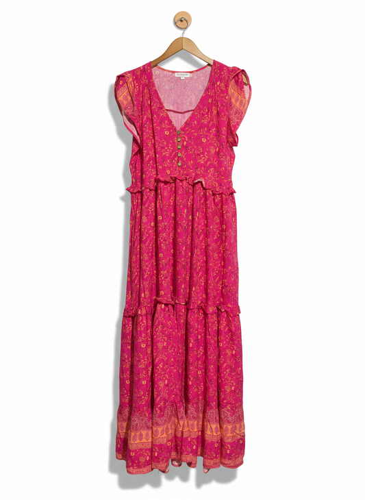 NEW U COLLECTION |M| BUST 18| C3| WOMEN’S MAGENTA FLORAL MAXI DRESS - BOLD PINK BOHO TIERED GOWN - FLUTTER SLEEVE V-NECKLINE - BUTTON-FRONT ACCENT