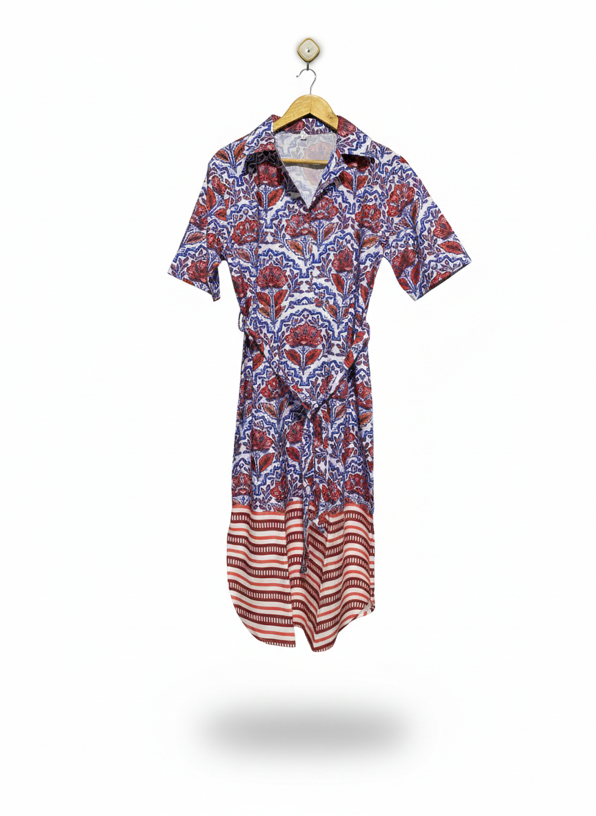 WOMEN'S BLUE AND RED BOHO FLORAL PRINT SHIRT DRESS WITH BORDER HEM |M| BUST 20|