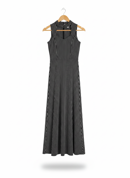 VESTRY|XS/S|BUST 15|BLACK AND WHITE STRIPED SLEEVELESS A-LINE MAXI DRESS