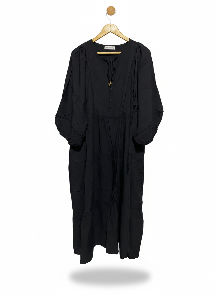 VINE APPAREL |M/L| BUST FREE| WOMEN’S BLACK TIERED BOHO MAXI DRESS - LONG SLEEVE PEASANT DRESS WITH TIE NECK
