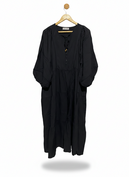 VINE APPAREL |M/L| BUST FREE| WOMEN’S BLACK TIERED BOHO MAXI DRESS - LONG SLEEVE PEASANT DRESS WITH TIE NECK