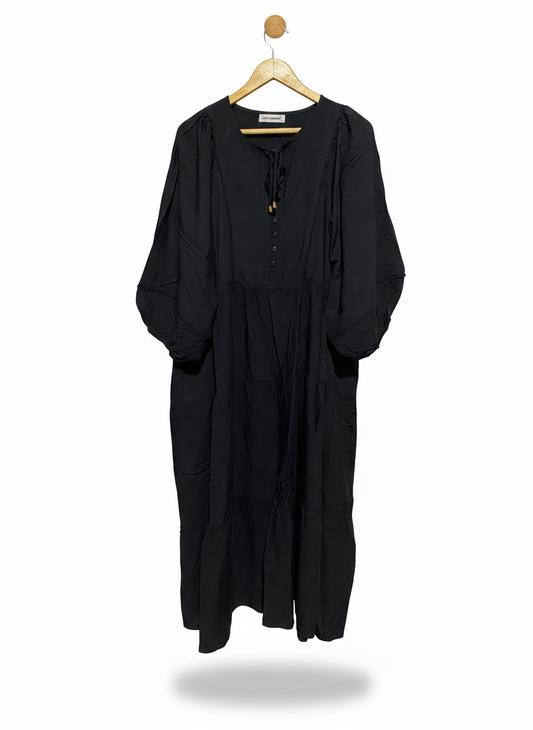 VINE APPAREL |M/L| BUST FREE| WOMEN’S BLACK TIERED BOHO MAXI DRESS - LONG SLEEVE PEASANT DRESS WITH TIE NECK