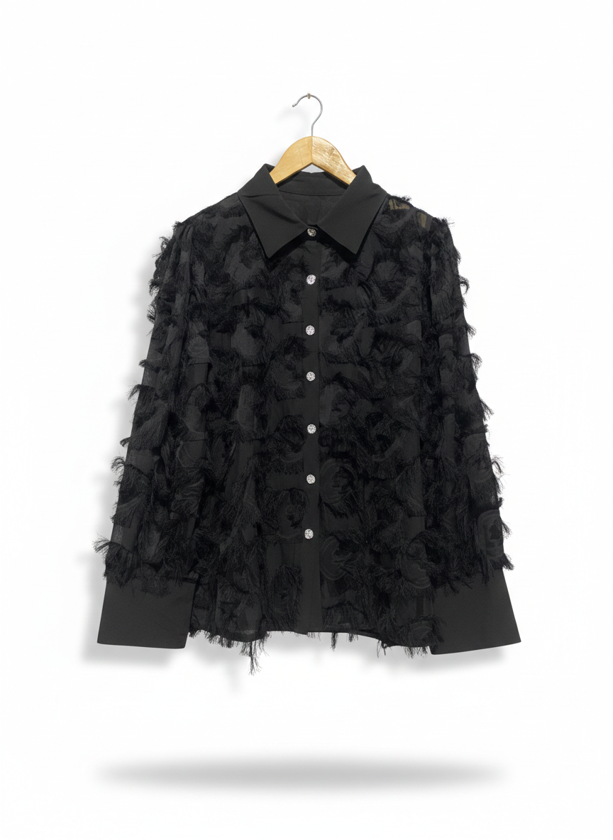 SHEIN |XL| BUST 21| TEXTURED FRINGE BLACK SHIRT