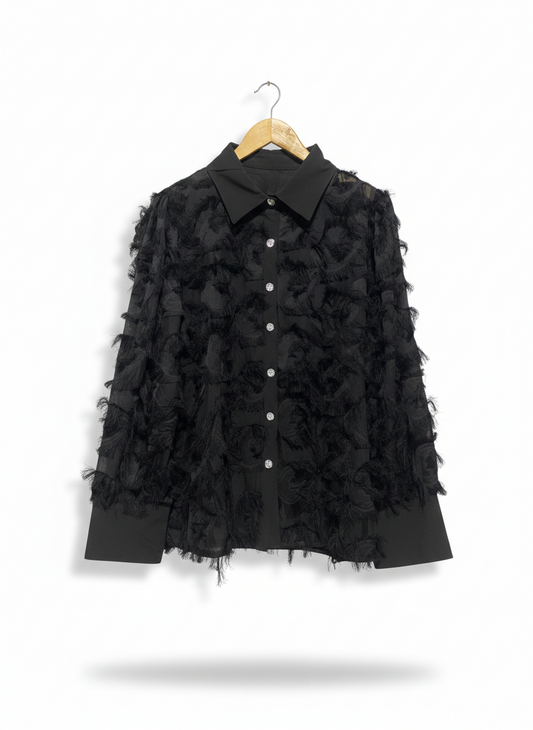 SHEIN |XL| BUST 21| TEXTURED FRINGE BLACK SHIRT