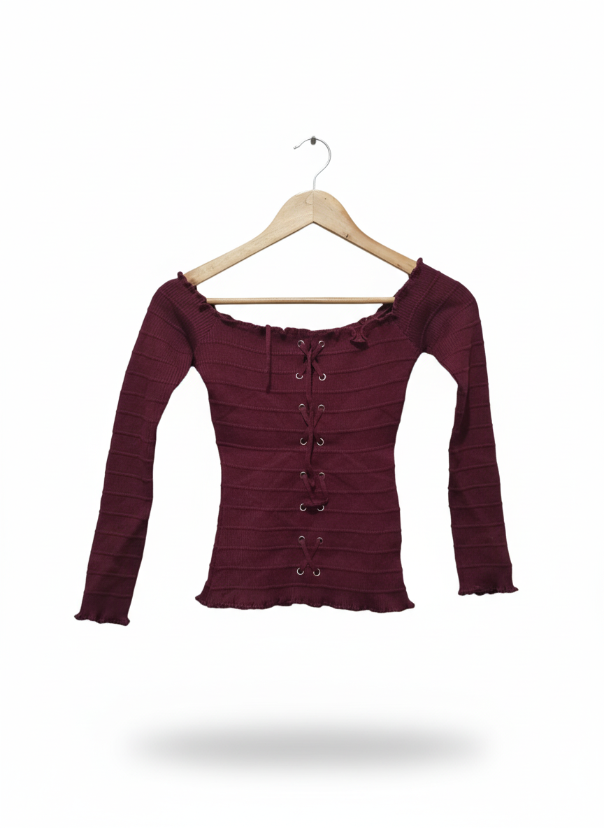 Ambiance Apparel Long Sleeve Shirt Women’s Lace Up ~ Off The Shoulder