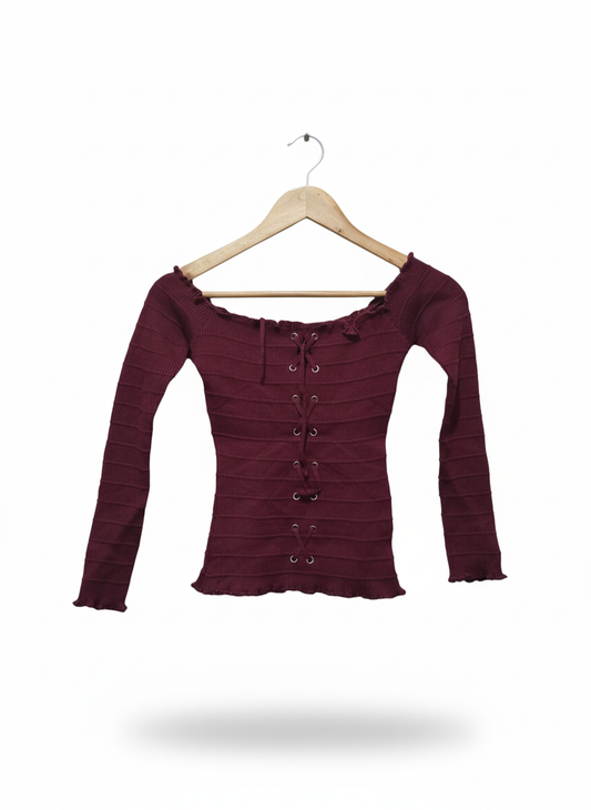 Ambiance Apparel Long Sleeve Shirt Women’s Lace Up ~ Off The Shoulder