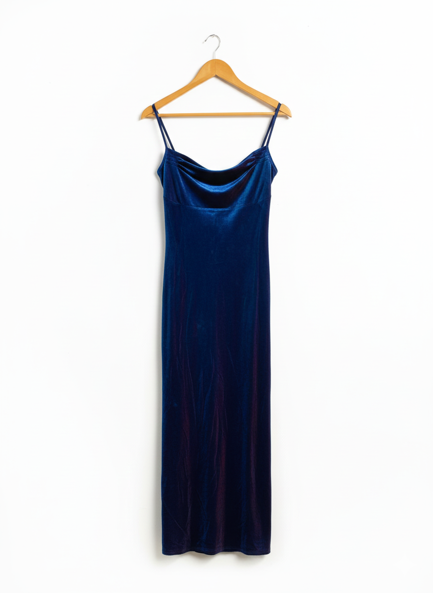 WEST ONE|S|BUST 14|B12| BLUE VELVET COWL NECK MIDI DRESS