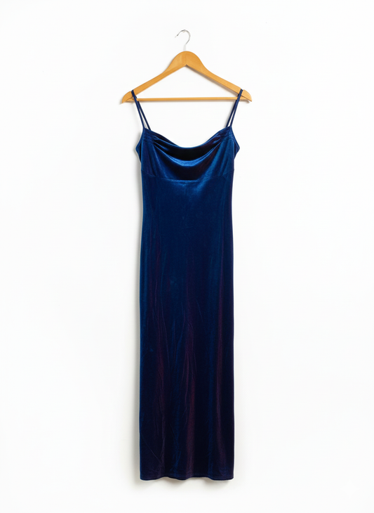 WEST ONE|S|BUST 14|BLUE VELVET COWL NECK MIDI DRESS