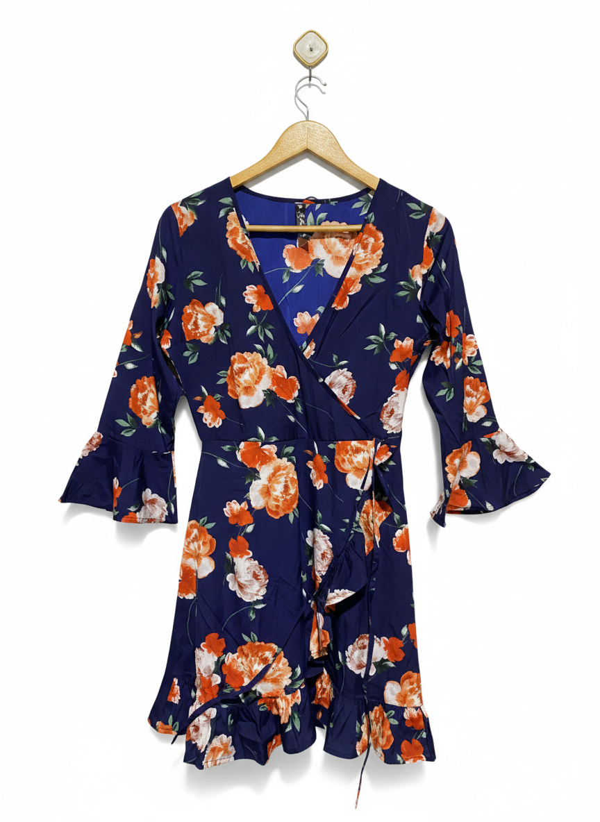 INFLUENCE |M| BUST 18|B12|WOMEN'S FLORAL WRAP MINI DRESS IN NAVY