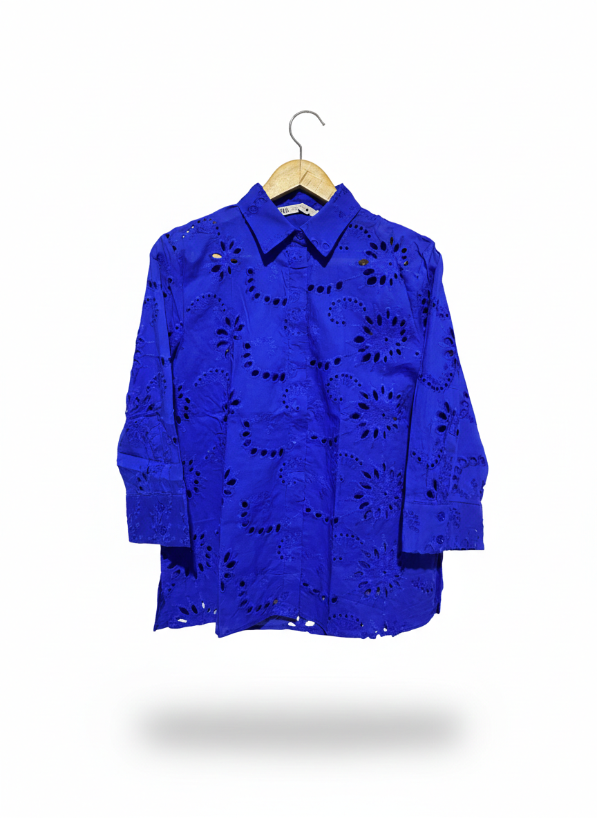 ZARA |M| BUST 20| STRIKING ROYAL BLUE EYELET EMBROIDERED SHIRT