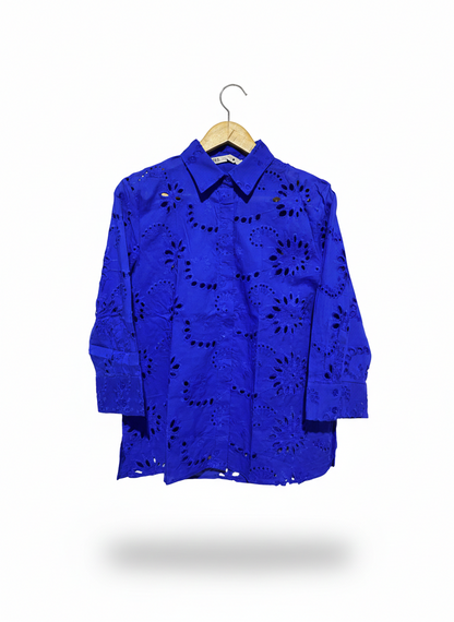 ZARA |M| BUST 20| STRIKING ROYAL BLUE EYELET EMBROIDERED SHIRT