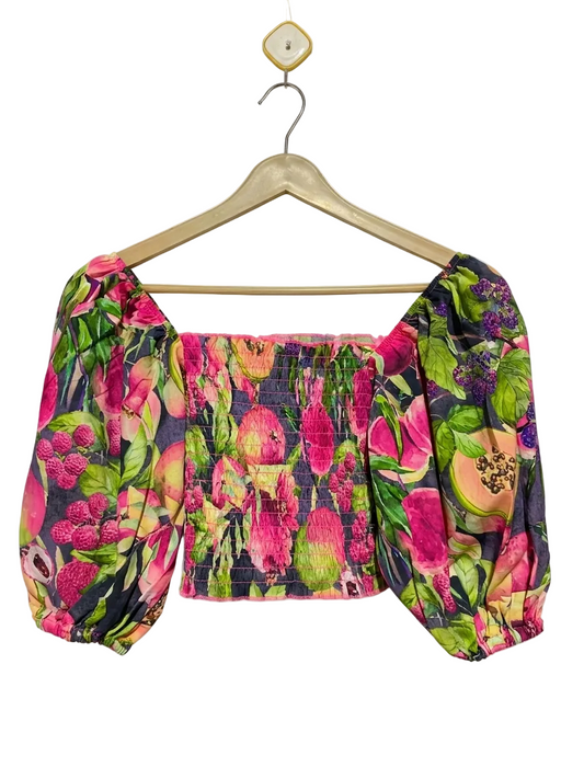 WOMAN SECRET |XS| BUST 11| B21| TROPICAL FRUIT PRINT SMOCKED TOP