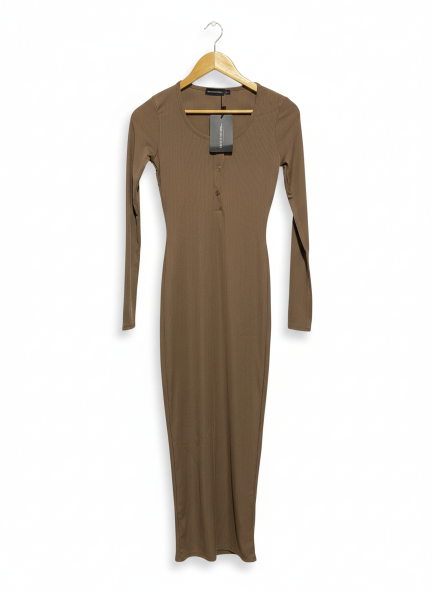 PRETTYLITTLE THING |S| BUST 14| Brown Ribbed Knit Long Sleeve Midi Dress