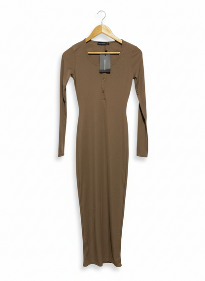 PRETTYLITTLE THING |S| BUST 14| Brown Ribbed Knit Long Sleeve Midi Dress