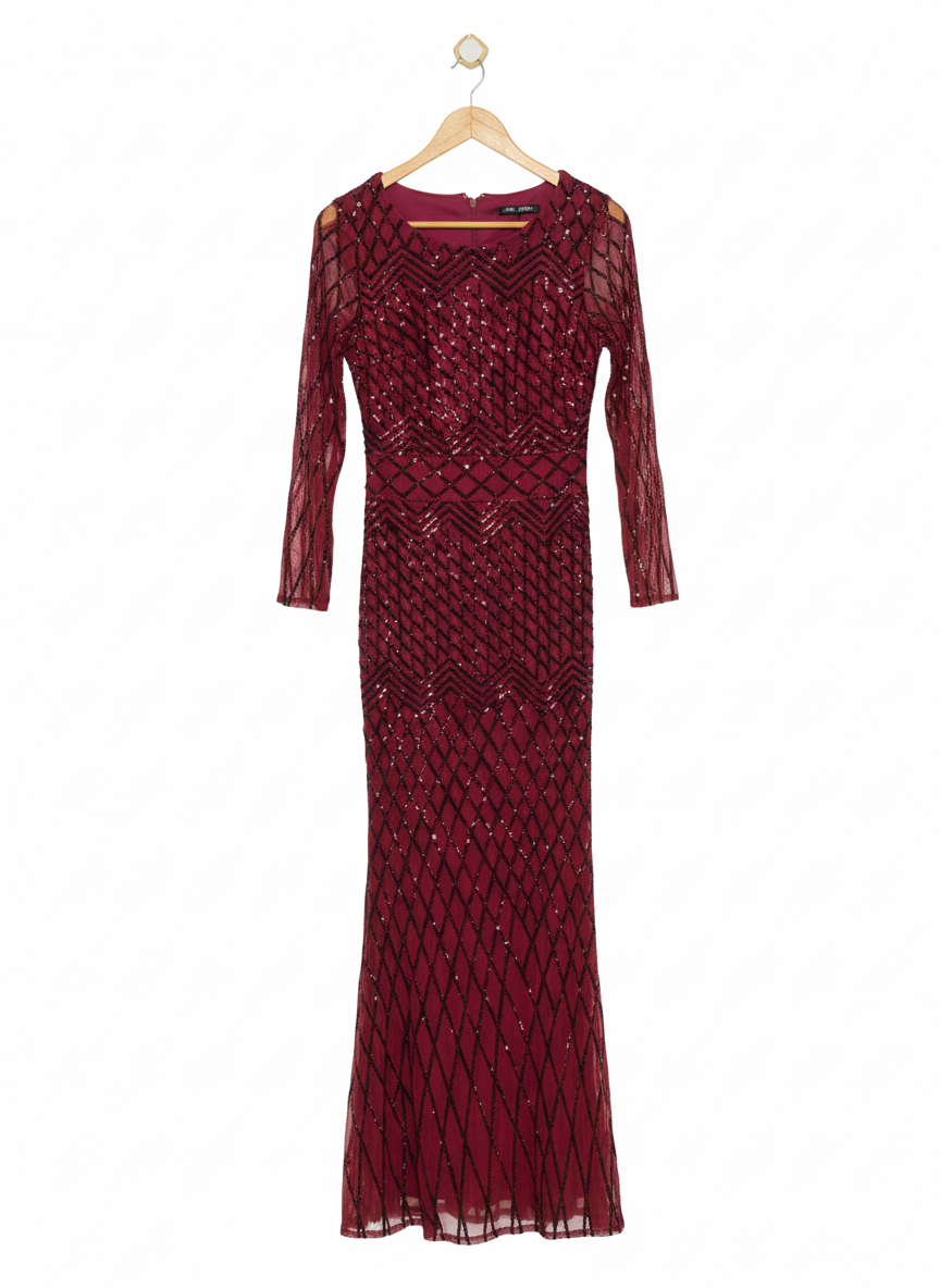 MEI MEI |L| BUST 15|B10| WOMEN'S SEQUINNED GALA GOWN IN BURGUNDY MAXI DRESS