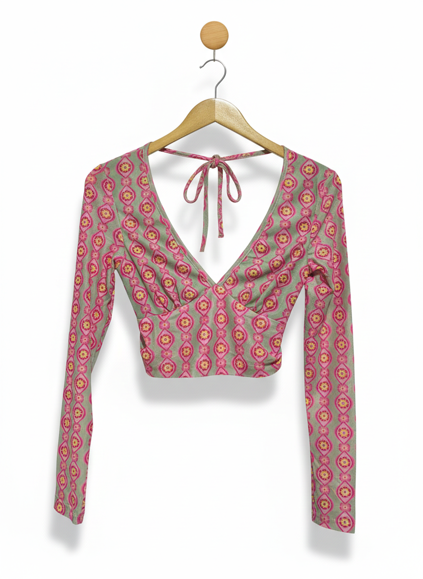 INTO |S| BUST 14|C2| STYLE PINK AND GREEN GEOMETRIC PRINT CROP TOP