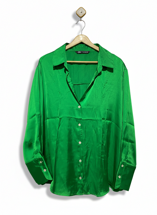 ZARA |XXL| B12| VIBRANT EMERALD GREEN SATIN BUTTON-UP SHIRT - LUXE OVERSIZED SILK-LOOK BLOUSE