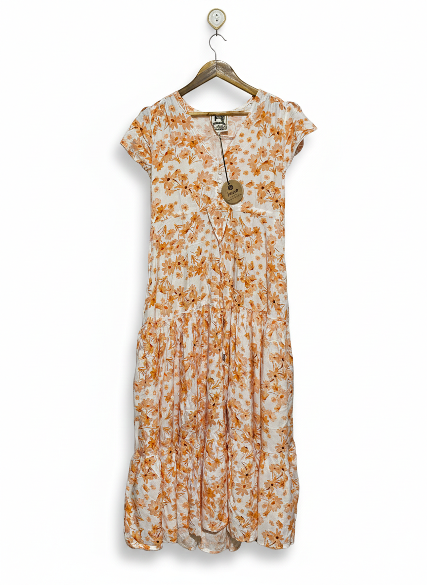 JAASE |XS| BUST 19|C4| WHIMSICAL ORANGE DAISY PRINT TIERED MIDI DRESS