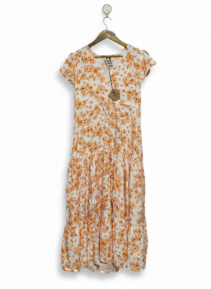 JAASE |XS| BUST 19|C4| WHIMSICAL ORANGE DAISY PRINT TIERED MIDI DRESS