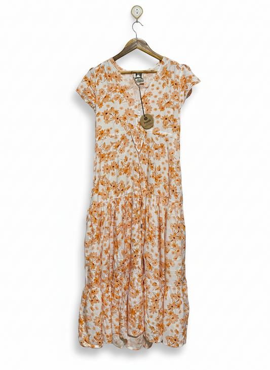 JAASE |XS| BUST 19|C4| WHIMSICAL ORANGE DAISY PRINT TIERED MIDI DRESS