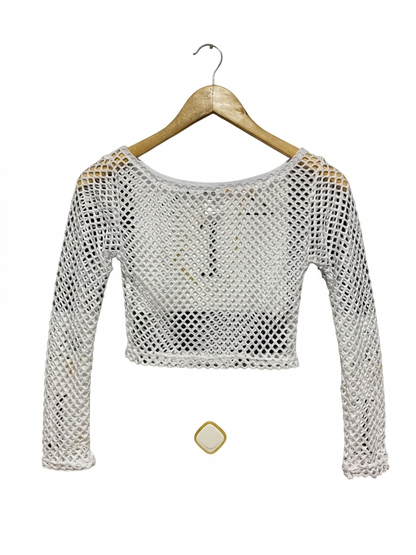 DAPPED |S| BUST 13| B10| WHITE OPEN-KNIT MESH LONG SLEEVE CROP TOP