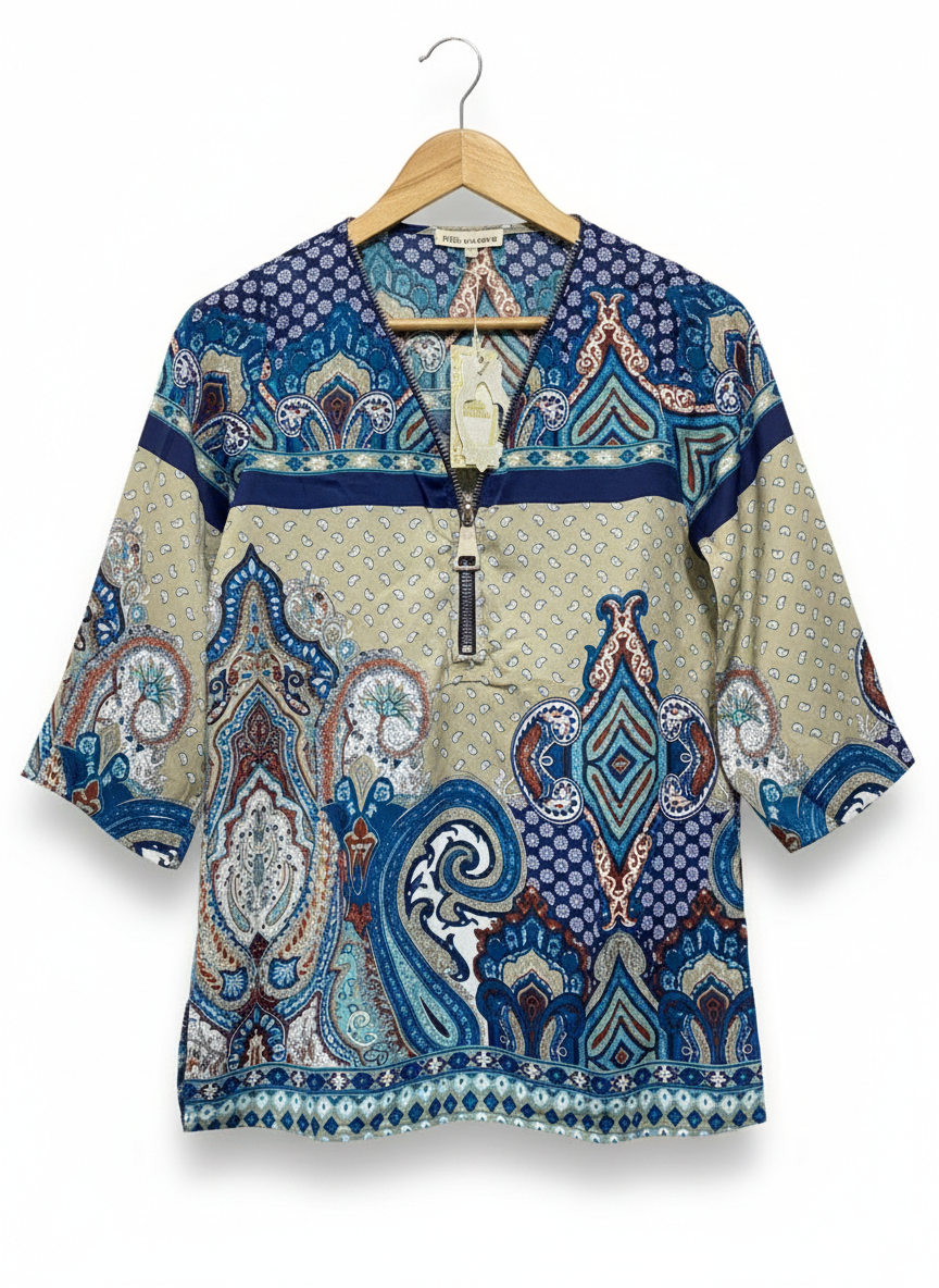 IS MILLENIUM |S| BUST 19| PAISLEY PRINT QUARTER-ZIP TUNIC BLOUSE