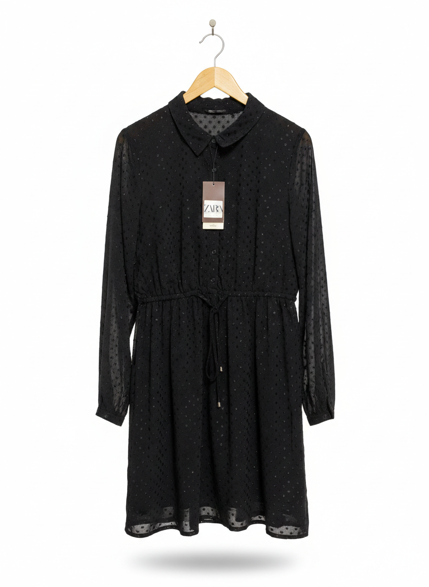 TOKITO |L| BUST 19| BLACK SHEER POLKA DOT MINI SHIRT DRESS