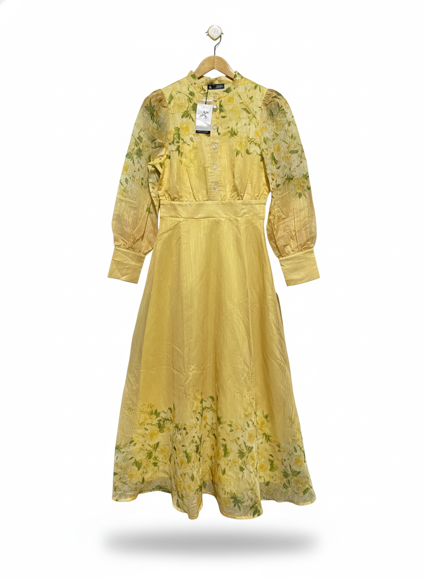 ANEWSTA |S| BUST 17|C4| PALE YELLOW SHEER FLORAL MAXI DRESS WITH BISHOP SLEEVES