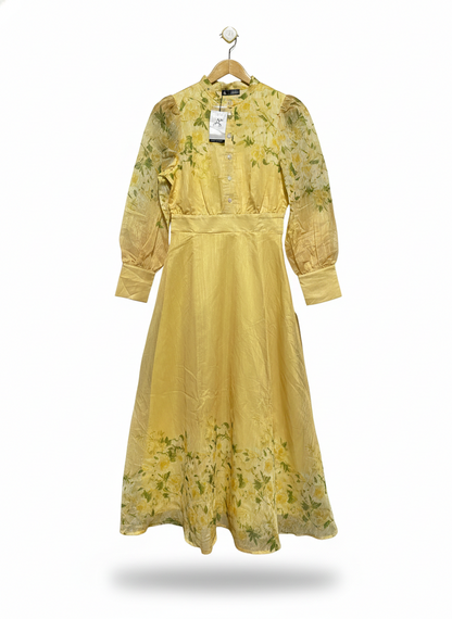 ANEWSTA |S| BUST 17|C4| PALE YELLOW SHEER FLORAL MAXI DRESS WITH BISHOP SLEEVES