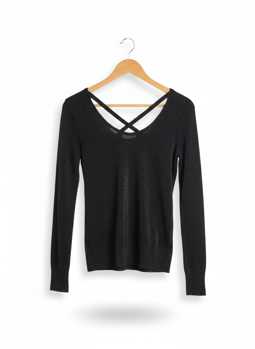 ALMOST FAMOUS|XL|BUST 18|Black Metallic Knit Long-Sleeve Blouse