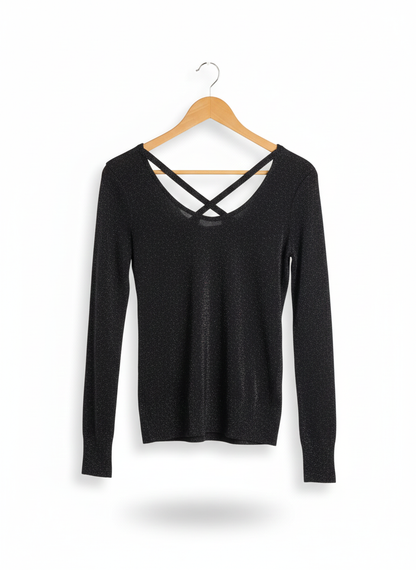 ALMOST FAMOUS|XL|BUST 18|Black Metallic Knit Long-Sleeve Blouse