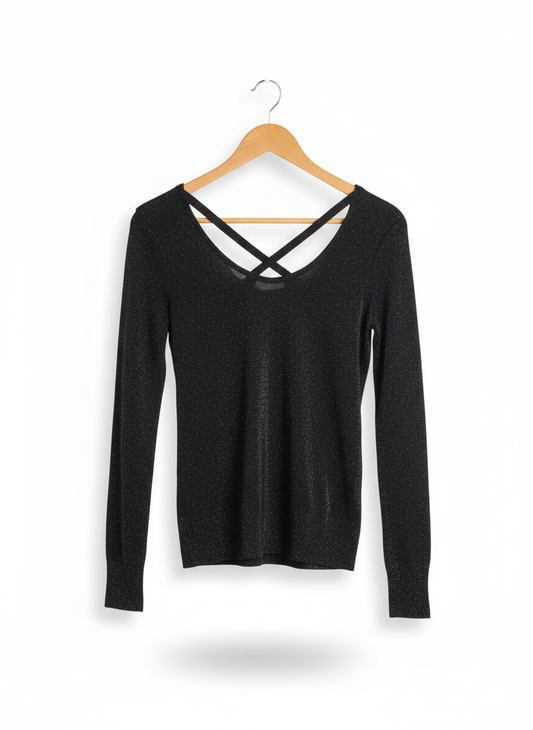 ALMOST FAMOUS|XL|BUST 18|Black Metallic Knit Long-Sleeve Blouse