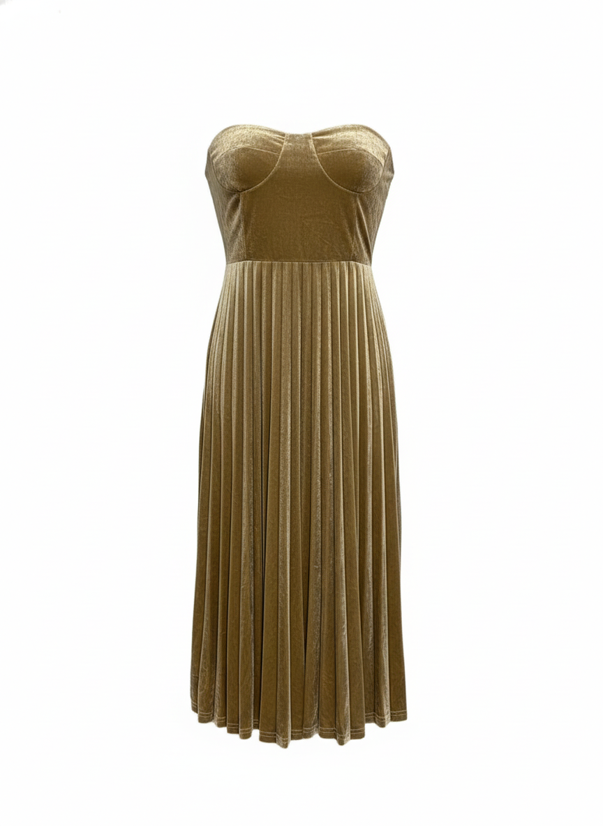 GOLD STRAPLESS PLEATED VELVET MIDI DRESS