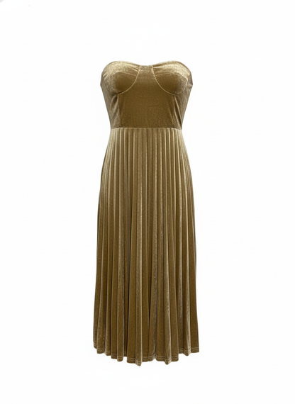 GOLD STRAPLESS PLEATED VELVET MIDI DRESS