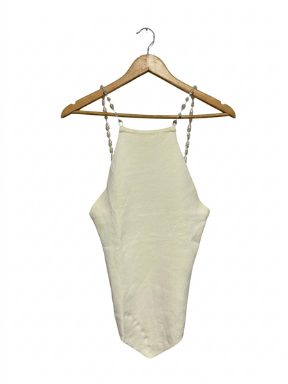 GLASSON |L| BUST 14| B6| ELEGANT CREAM KNIT HALTER TOP WITH FAUX PEARL BEADED STRAPS